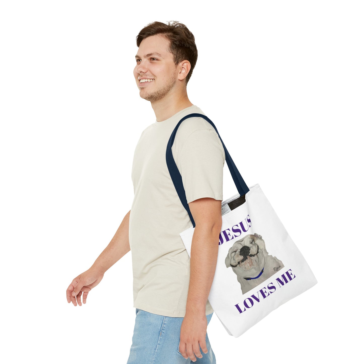Jesus Loves Me Happy Bulldog Tote Bag, Beach Tote, Pool Tote, Book Bag