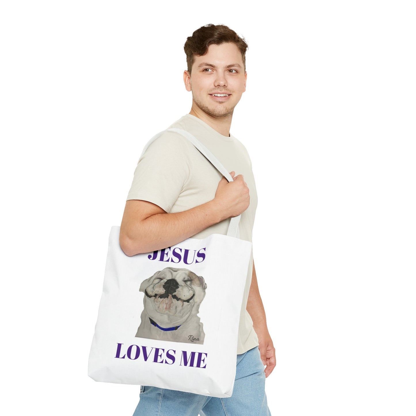 Jesus Loves Me Happy Bulldog Tote Bag, Beach Tote, Pool Tote, Book Bag