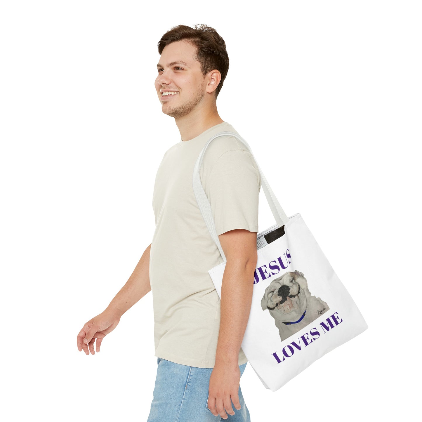 Jesus Loves Me Happy Bulldog Tote Bag, Beach Tote, Pool Tote, Book Bag