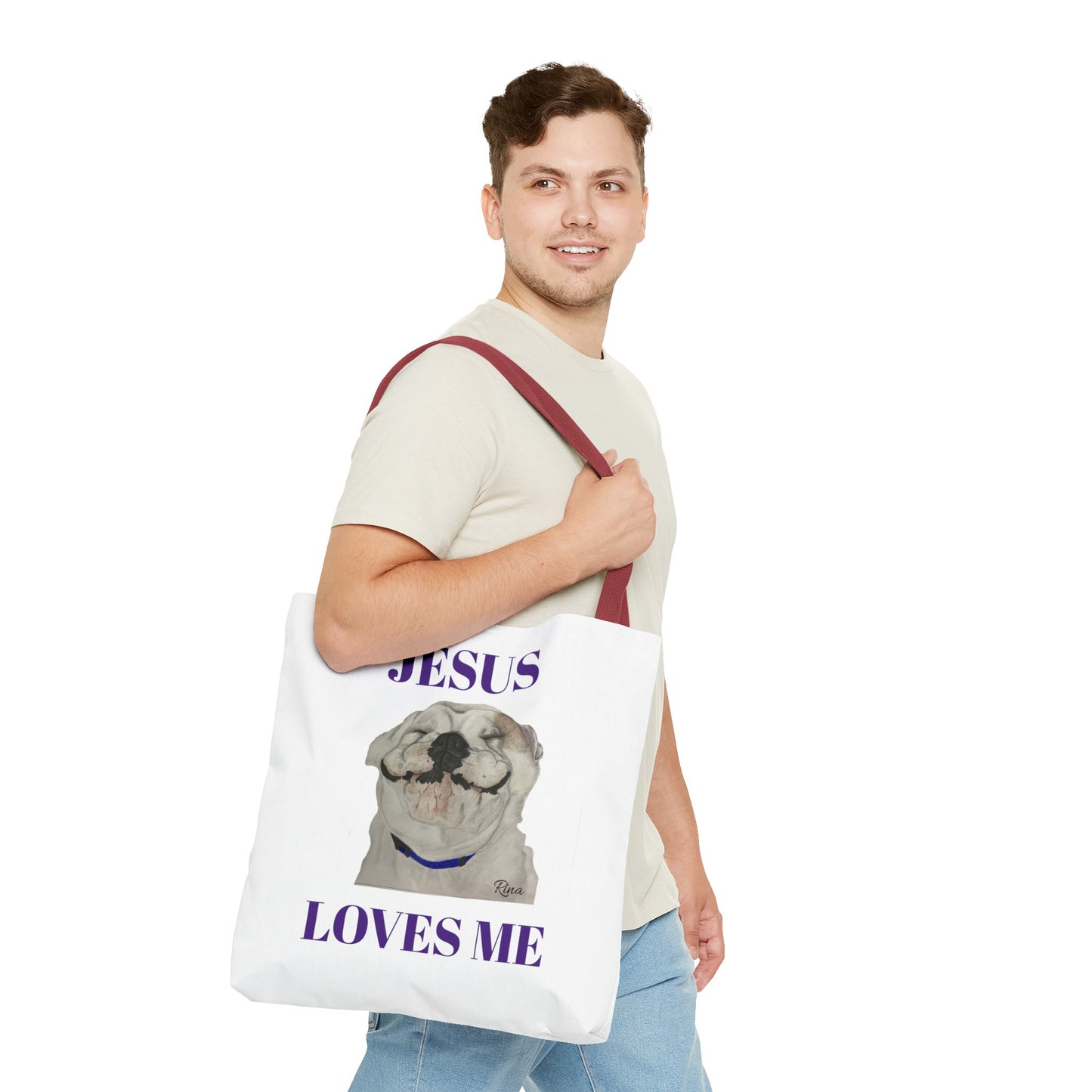 Jesus Loves Me Happy Bulldog Tote Bag, Beach Tote, Pool Tote, Book Bag