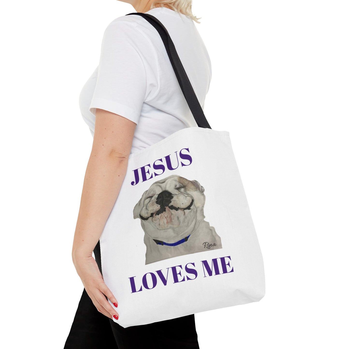 Jesus Loves Me Happy Bulldog Tote Bag, Beach Tote, Pool Tote, Book Bag