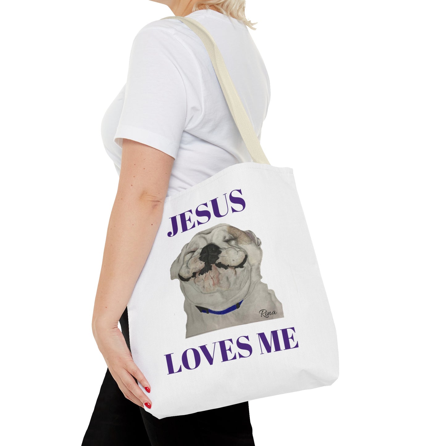 Jesus Loves Me Happy Bulldog Tote Bag, Beach Tote, Pool Tote, Book Bag
