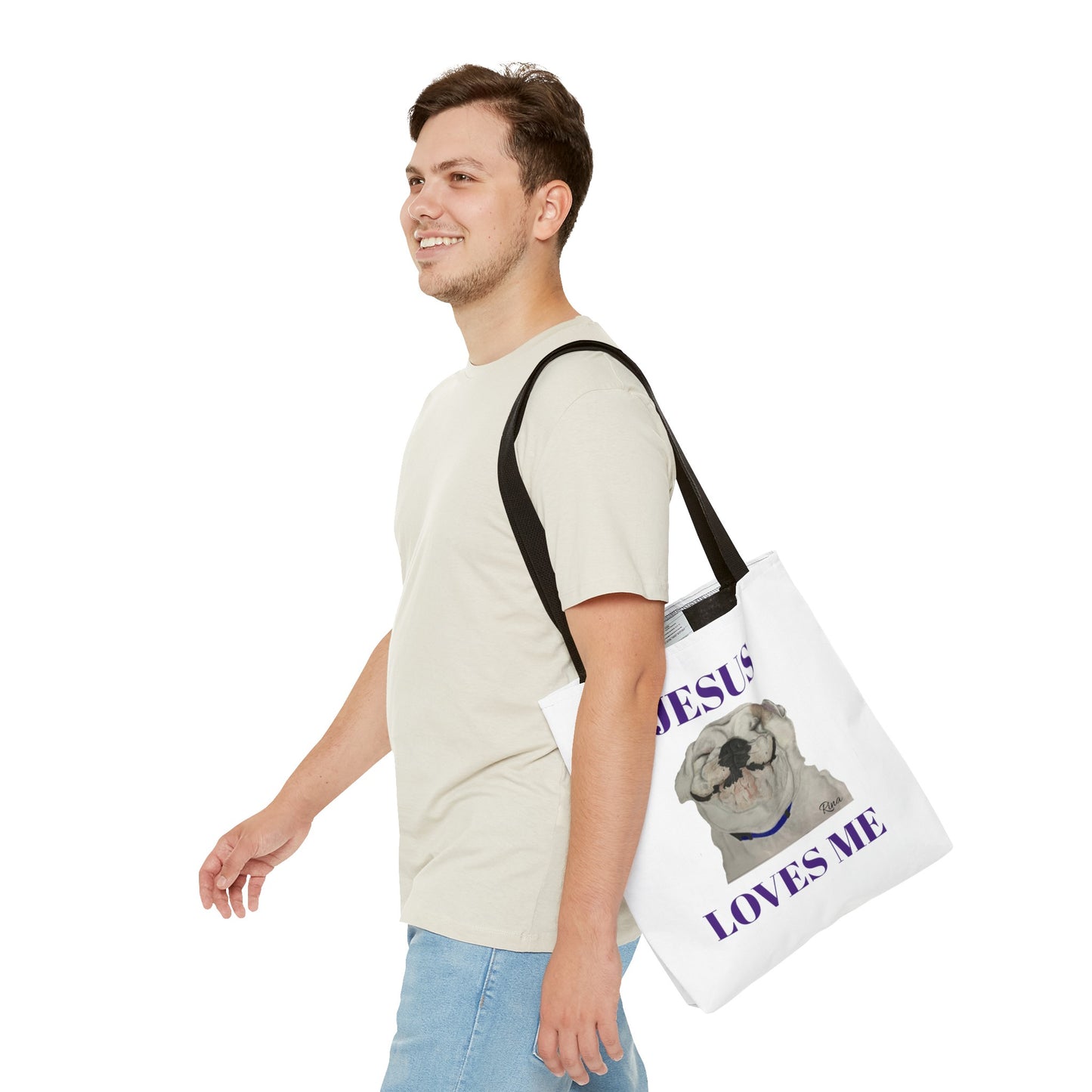 Jesus Loves Me Happy Bulldog Tote Bag, Beach Tote, Pool Tote, Book Bag