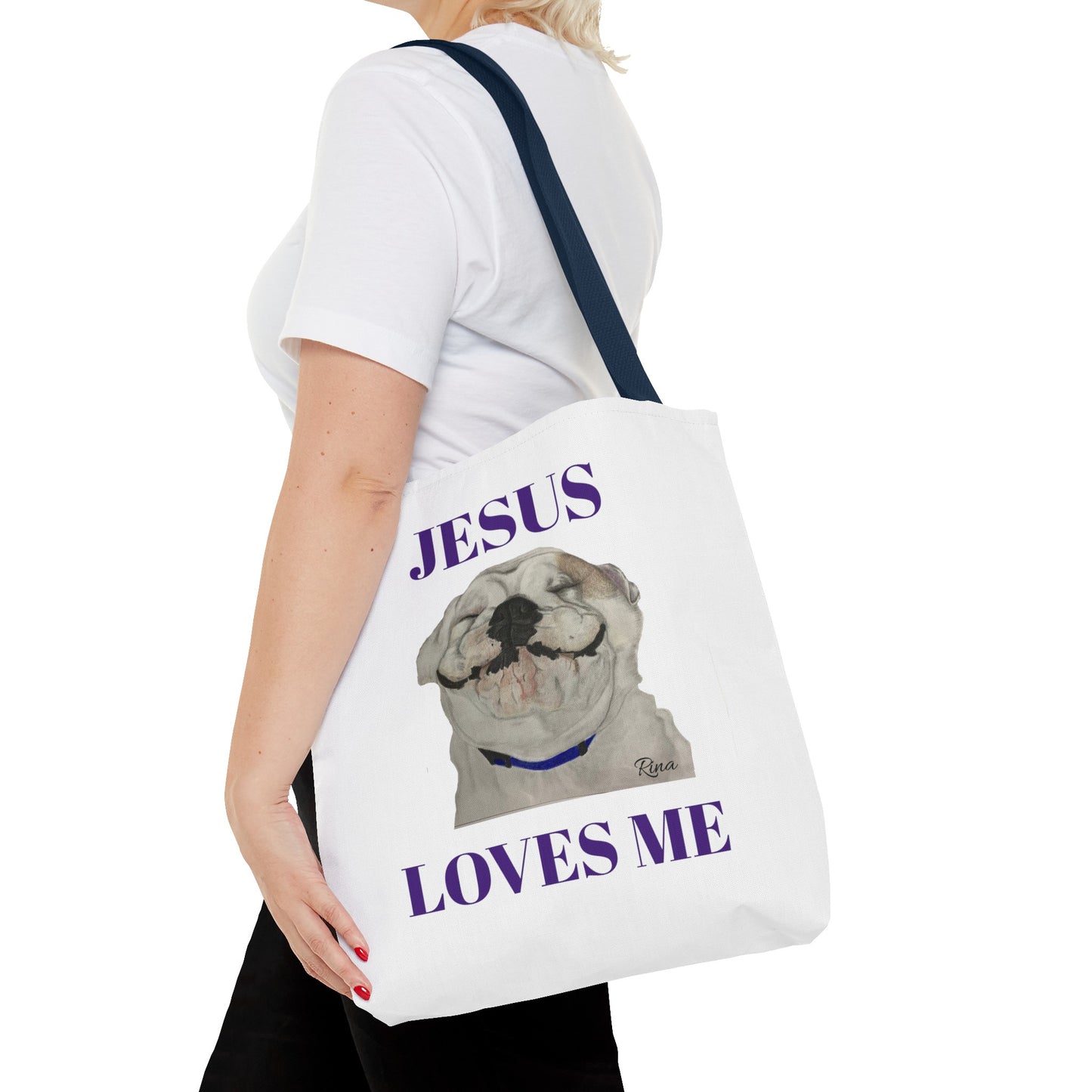 Jesus Loves Me Happy Bulldog Tote Bag, Beach Tote, Pool Tote, Book Bag