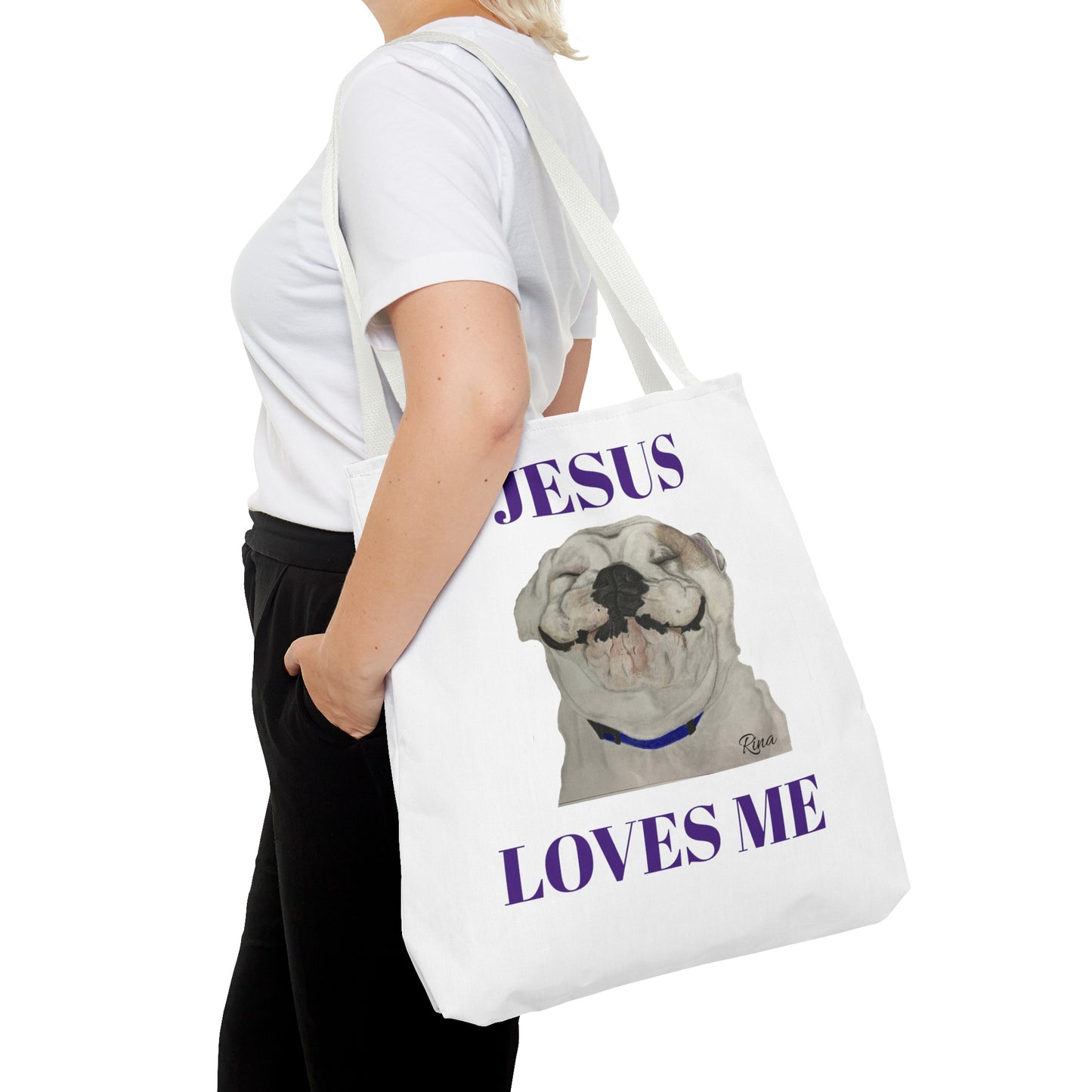 Jesus Loves Me Happy Bulldog Tote Bag, Beach Tote, Pool Tote, Book Bag