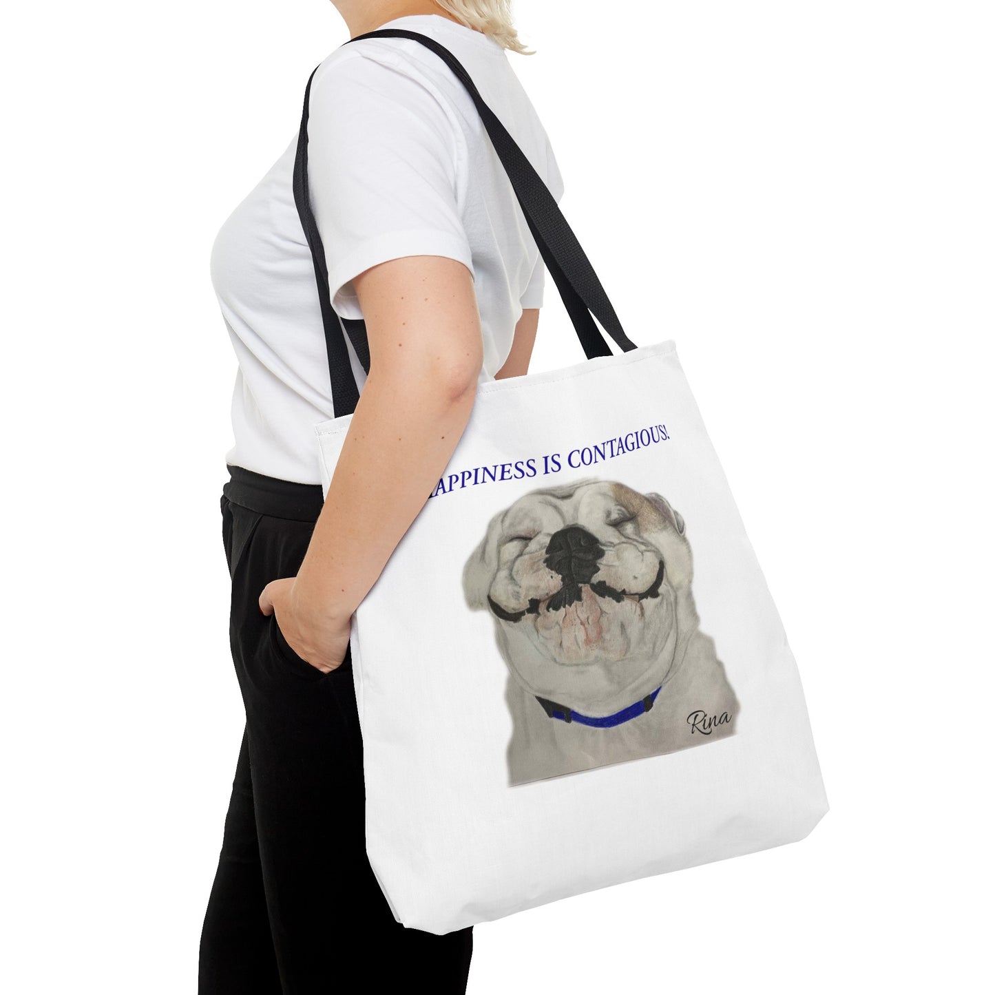 Happiness Is Contagious Happy BulldogTote Bag, Beach Bag, Pool Bag, Book Bag