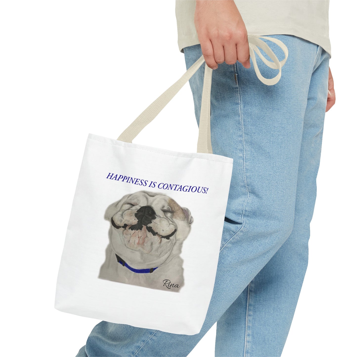 Happiness Is Contagious Happy BulldogTote Bag, Beach Bag, Pool Bag, Book Bag