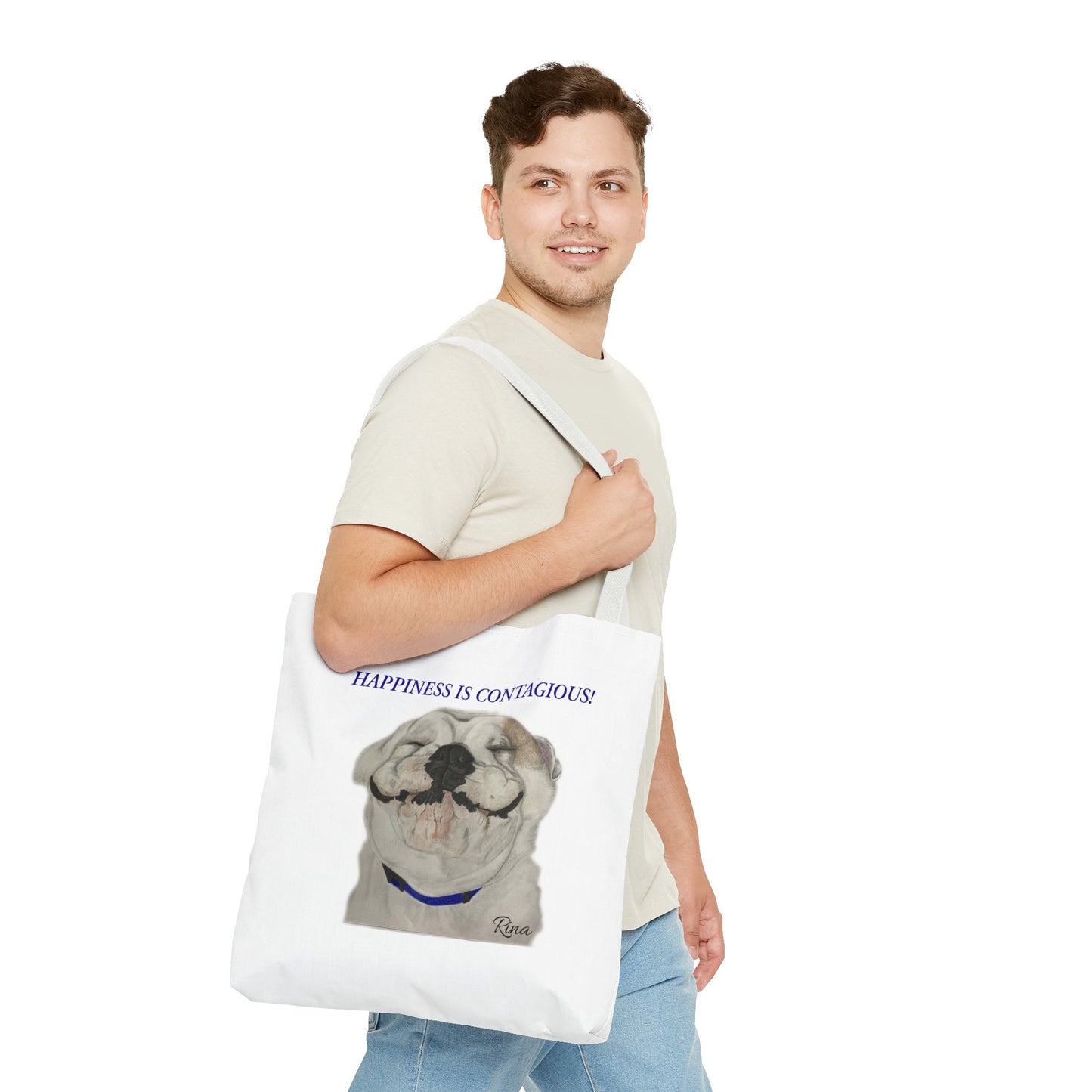 Happiness Is Contagious Happy BulldogTote Bag, Beach Bag, Pool Bag, Book Bag