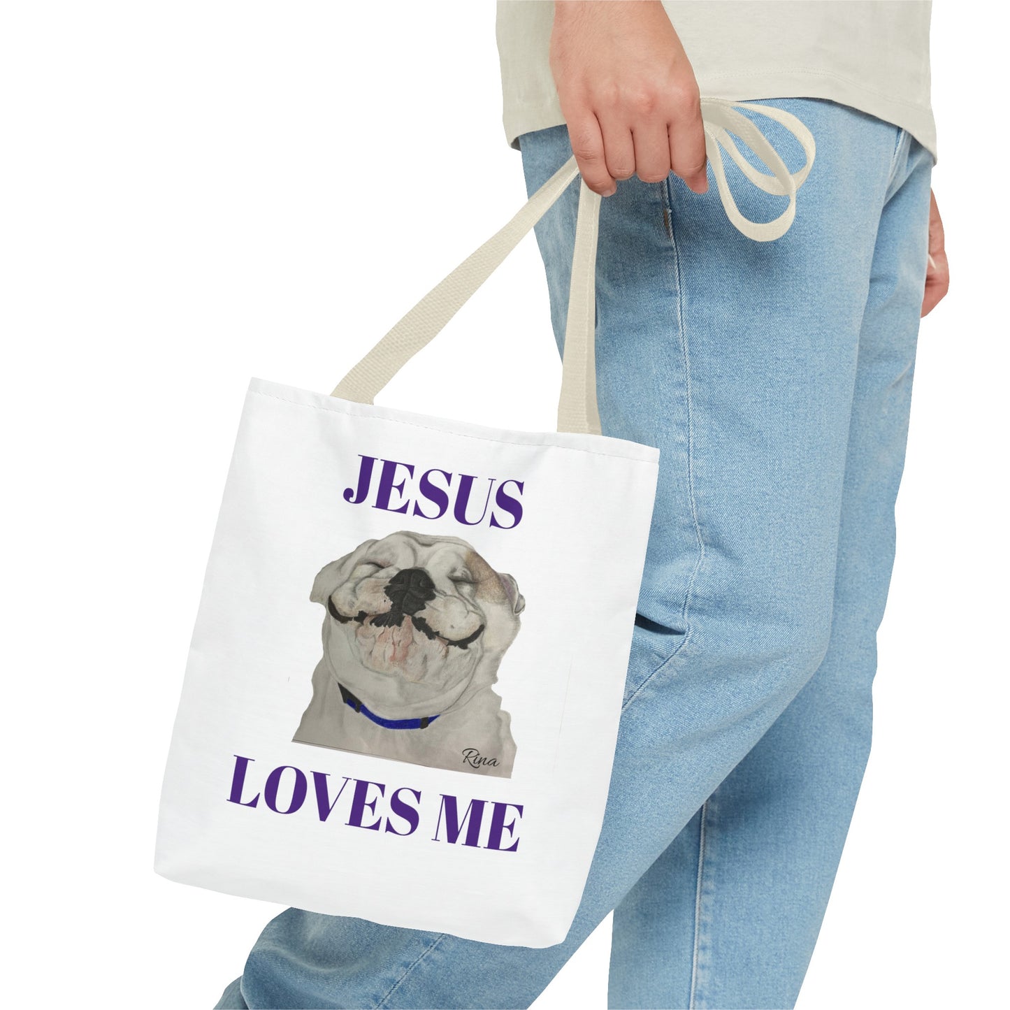 Jesus Loves Me Happy Bulldog Tote Bag, Beach Tote, Pool Tote, Book Bag