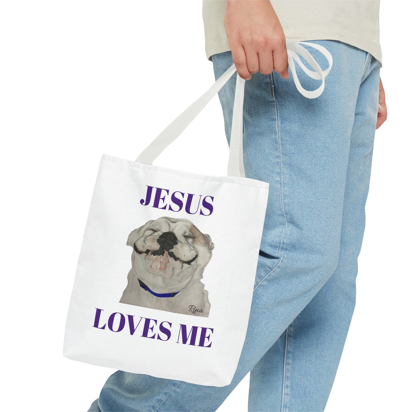 Jesus Loves Me Happy Bulldog Tote Bag, Beach Tote, Pool Tote, Book Bag