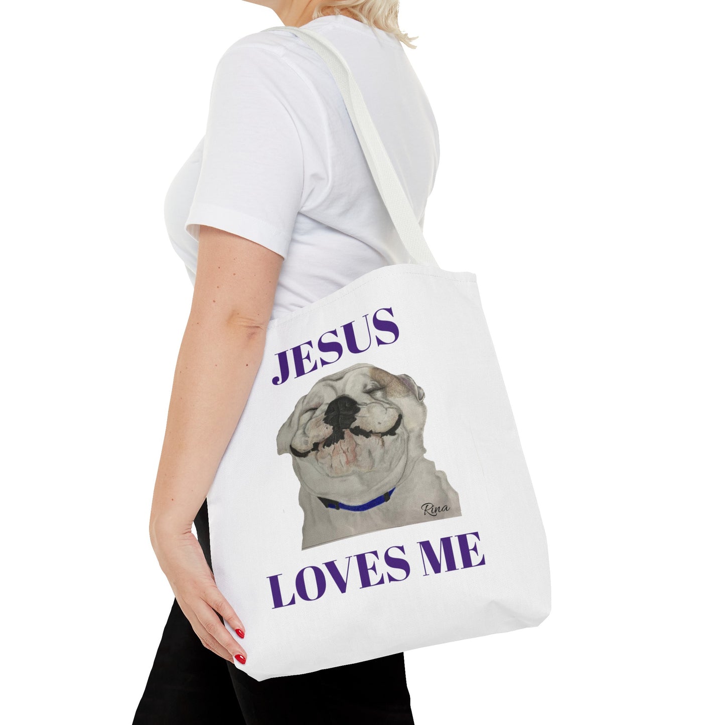 Jesus Loves Me Happy Bulldog Tote Bag, Beach Tote, Pool Tote, Book Bag