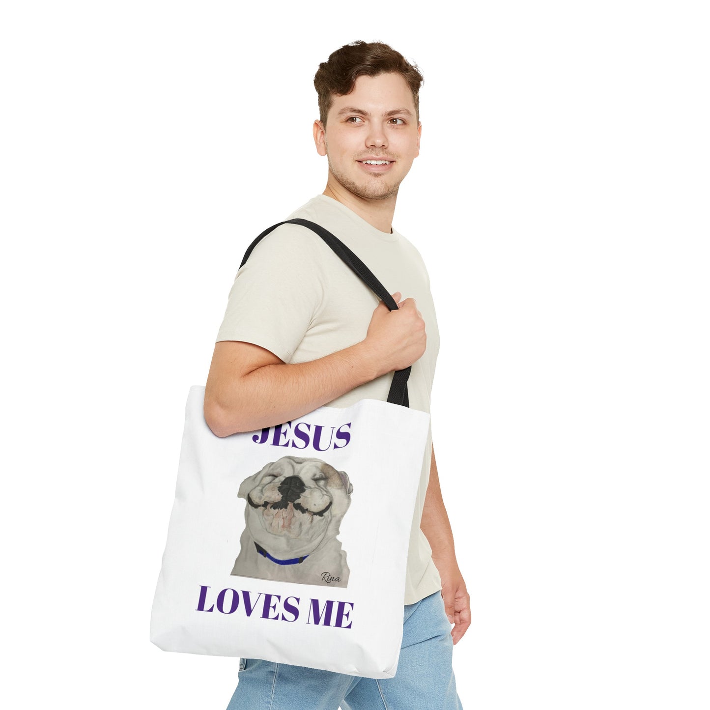 Jesus Loves Me Happy Bulldog Tote Bag, Beach Tote, Pool Tote, Book Bag