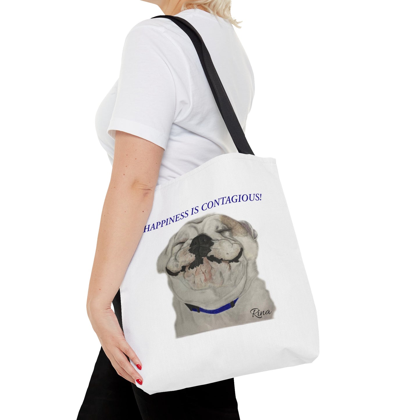 Happiness Is Contagious Happy BulldogTote Bag, Beach Bag, Pool Bag, Book Bag