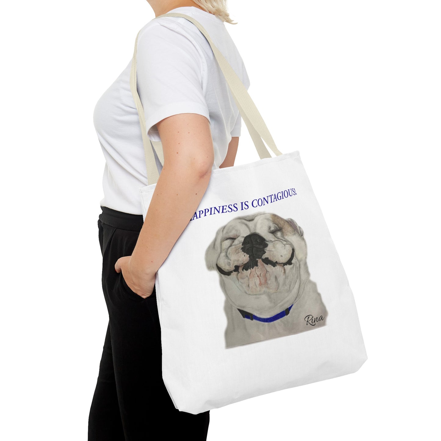 Happiness Is Contagious Happy BulldogTote Bag, Beach Bag, Pool Bag, Book Bag