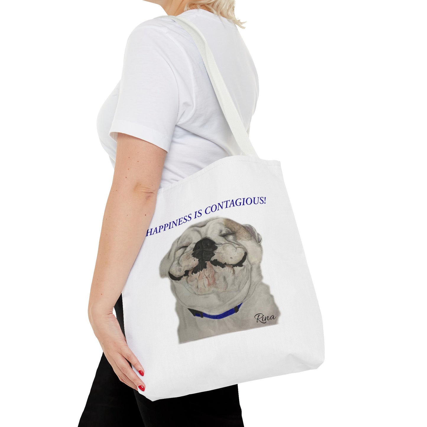 Happiness Is Contagious Happy BulldogTote Bag, Beach Bag, Pool Bag, Book Bag