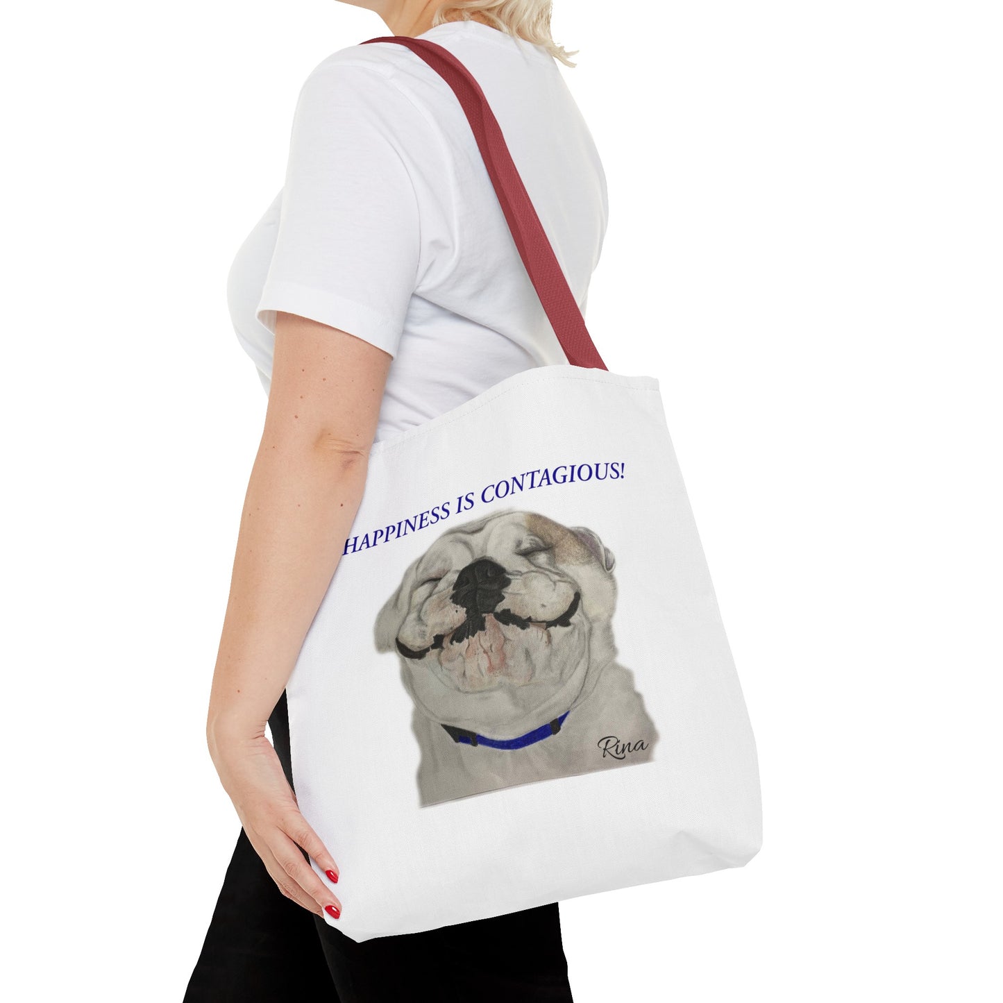 Happiness Is Contagious Happy BulldogTote Bag, Beach Bag, Pool Bag, Book Bag