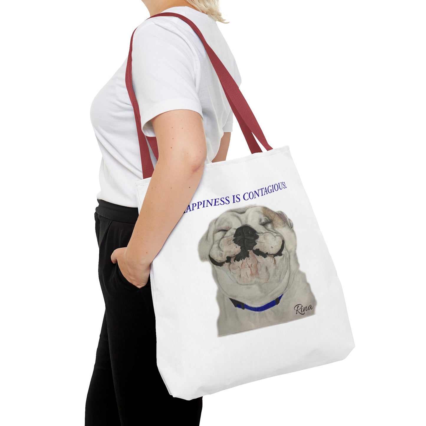 Happiness Is Contagious Happy BulldogTote Bag, Beach Bag, Pool Bag, Book Bag