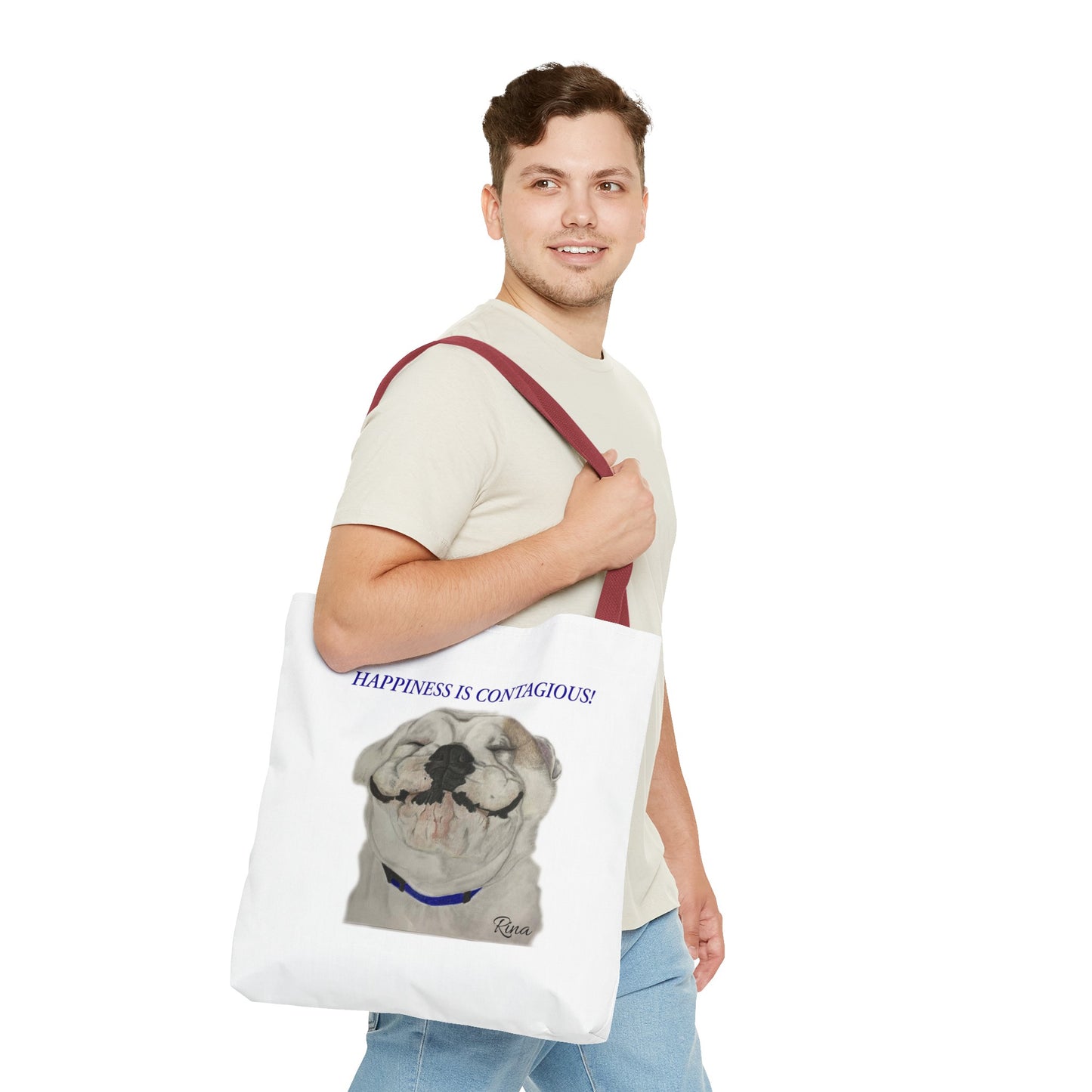 Happiness Is Contagious Happy BulldogTote Bag, Beach Bag, Pool Bag, Book Bag