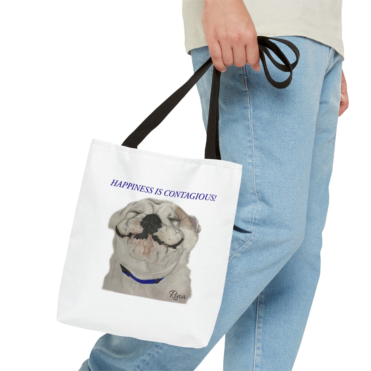 Happiness Is Contagious Happy BulldogTote Bag, Beach Bag, Pool Bag, Book Bag